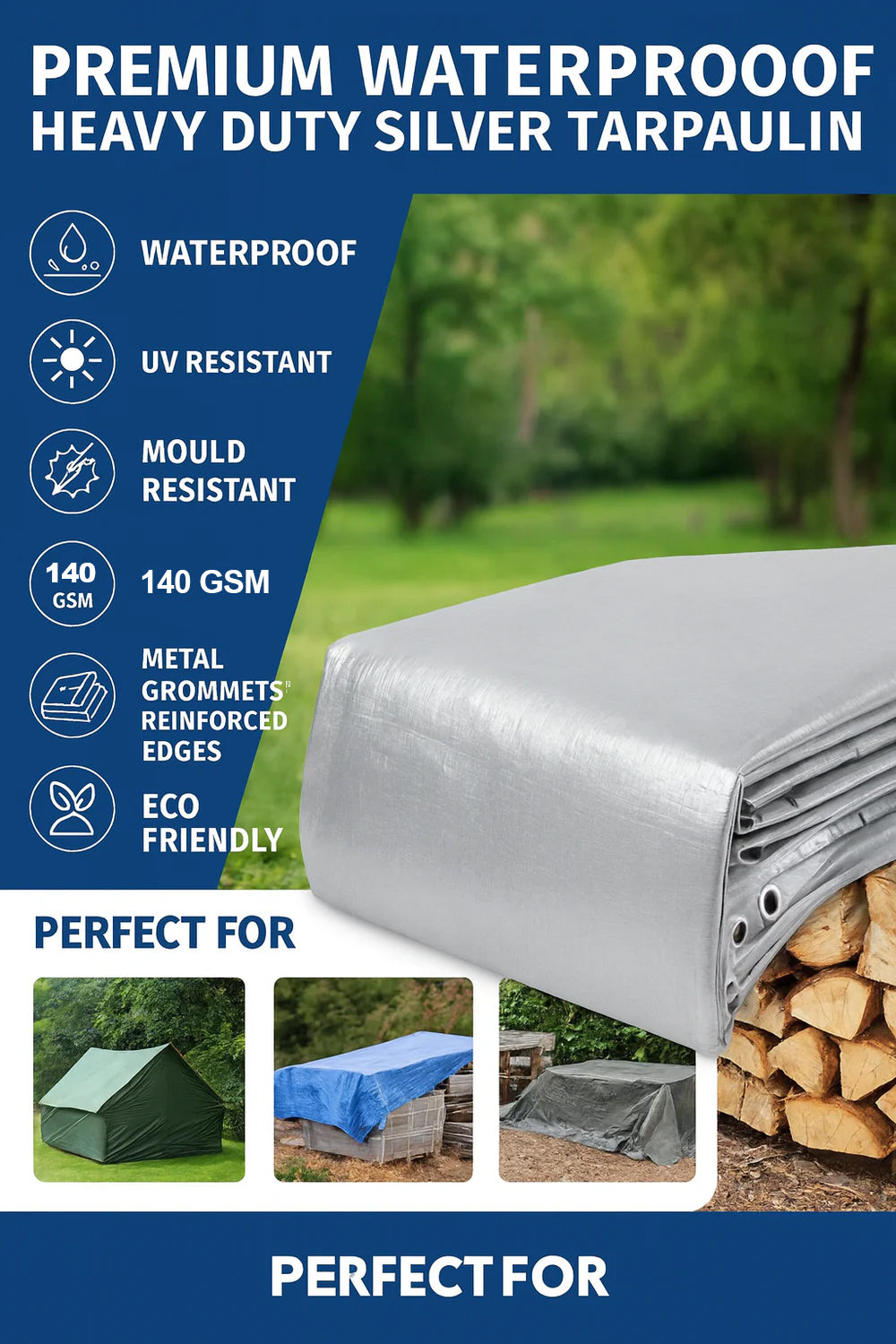 Waterproof Heavy Duty Silver Tarpaulin – 140gsm Silver Tarp Sheet for Outdoor Protection