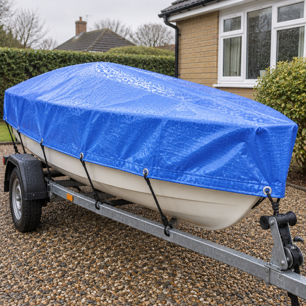Blue 110gsm tarpaulin as a boat cover over a dinghy on a trailer on a driveway, tied down with bungees