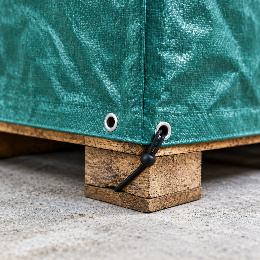 Close-up of pallet cover eyelets at the pallet base with a bungee cord hooked under the deck