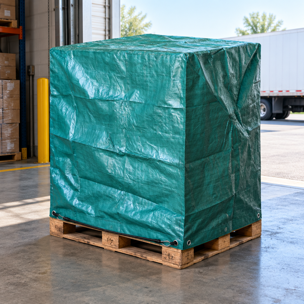Green pallet cover over a tall pallet load at a warehouse loading bay, secured with a bungee cord