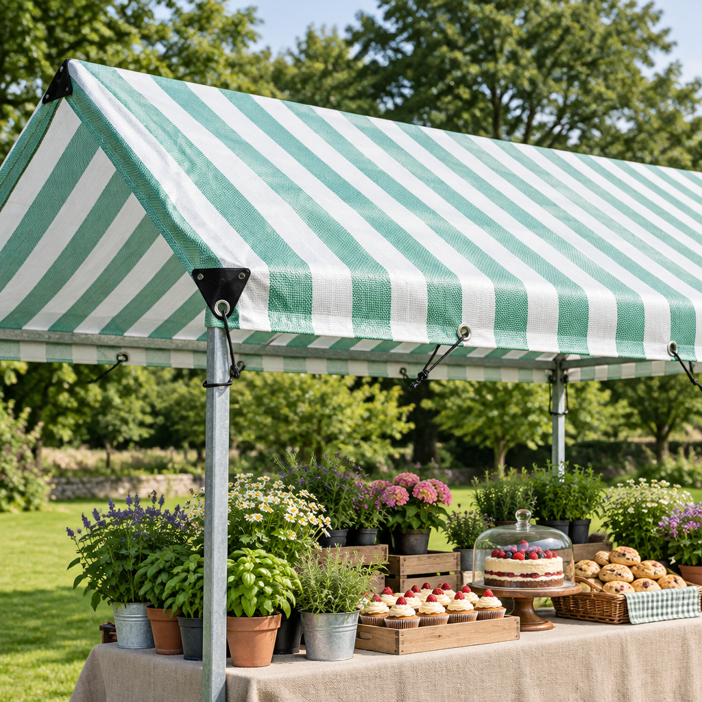 Green and white striped tarpaulin as the roof of a stall at a village fete