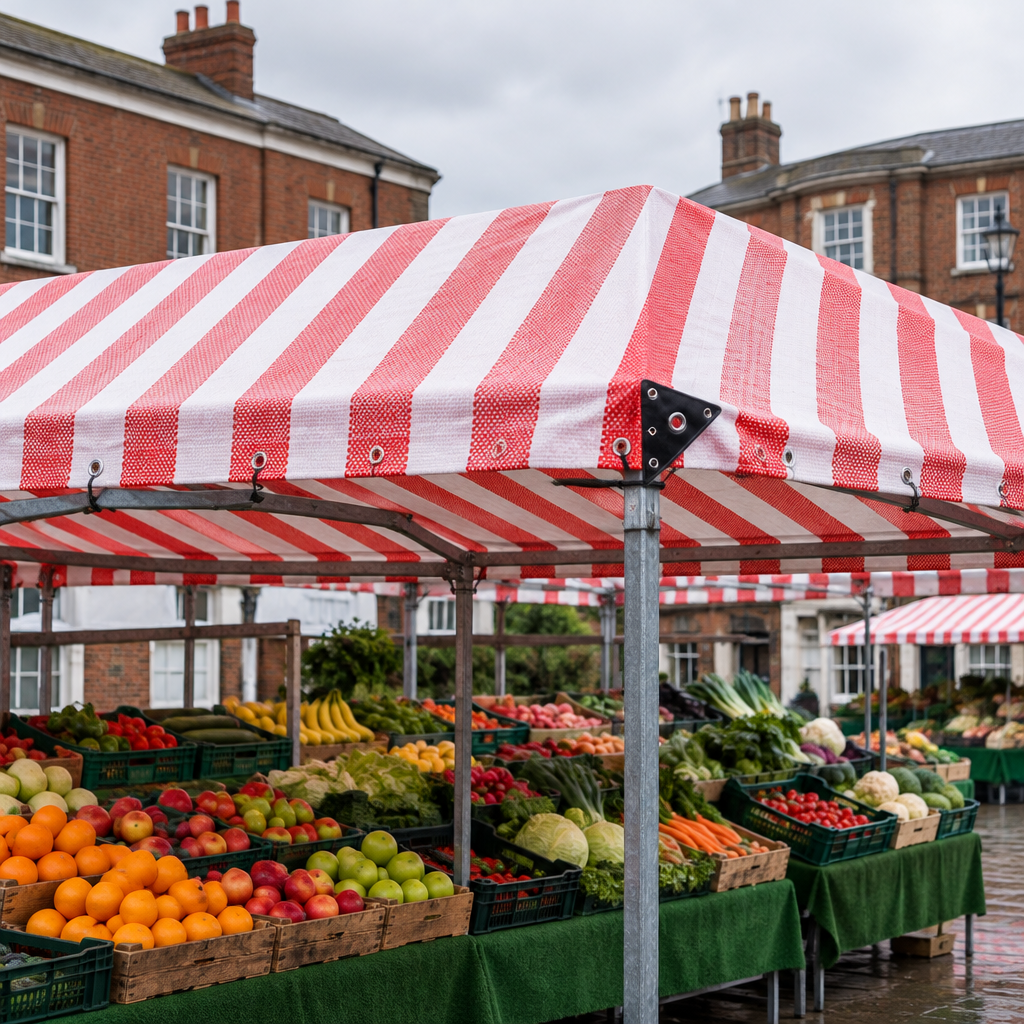 Red and white striped 170gsm tarpaulin as the roof of a market stall on a town market square