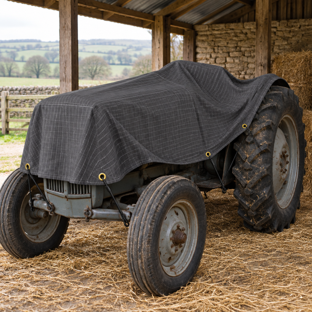 Grey ripstop canvas tarpaulin covering a vintage tractor in an open farm barn