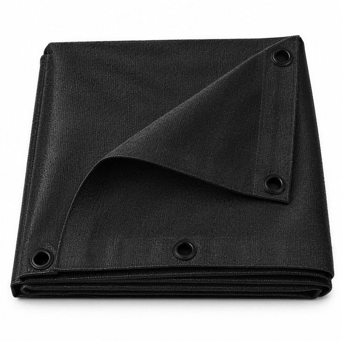 Black 200gsm heavy duty tarpaulin folded, showing the tight weave, rope reinforced hem and black plastic eyelets