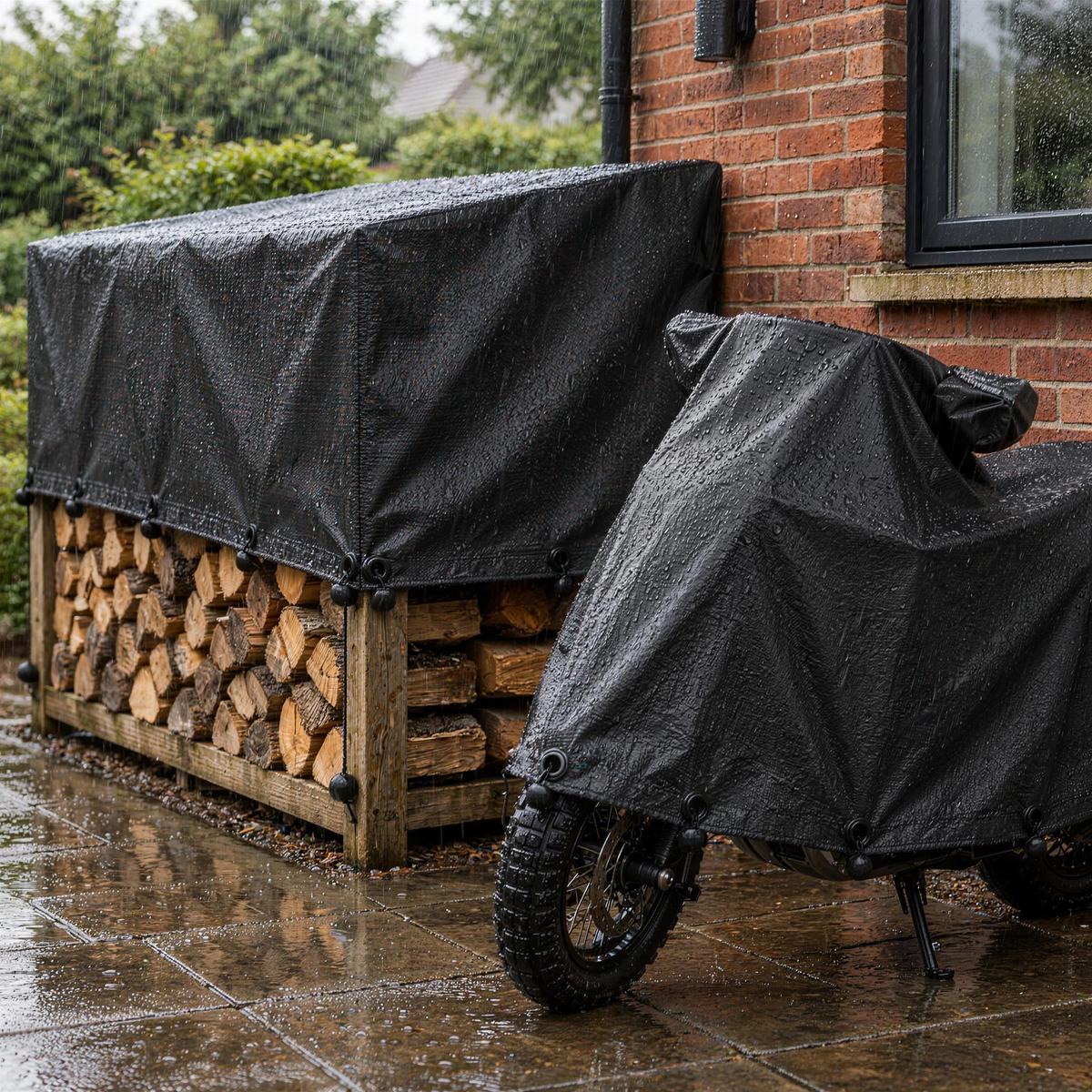 Black 200gsm tarpaulin covering a log store and a motorbike beside a house in the rain