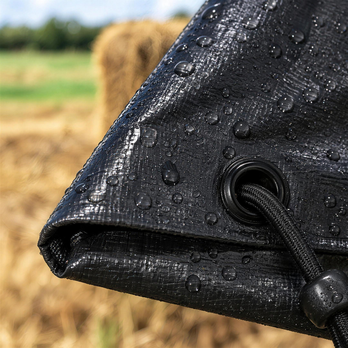 Close-up of the black tarpaulin weave, rope reinforced hem and a black plastic eyelet with a bungee cord