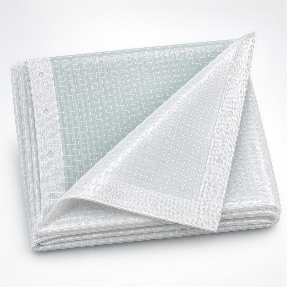 220gsm white reinforced tarpaulin folded, showing the rope grid and the edge band with eyelet guides every 10cm (no eyelets fitted)