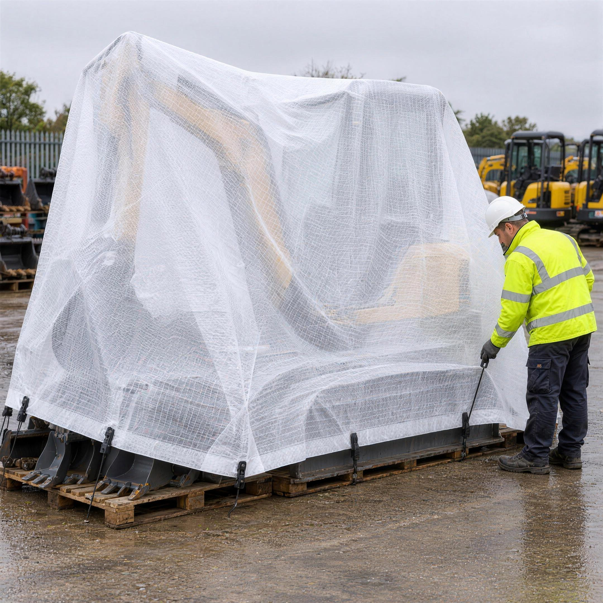 White reinforced tarpaulin covering a mini excavator at a plant hire depot, held with clamps and bungees