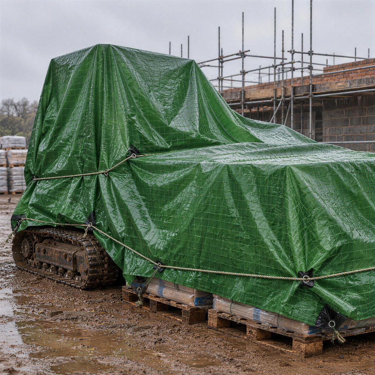 Green 250gsm mono cover tarpaulin covering a mini excavator and pallets on a construction site in the rain