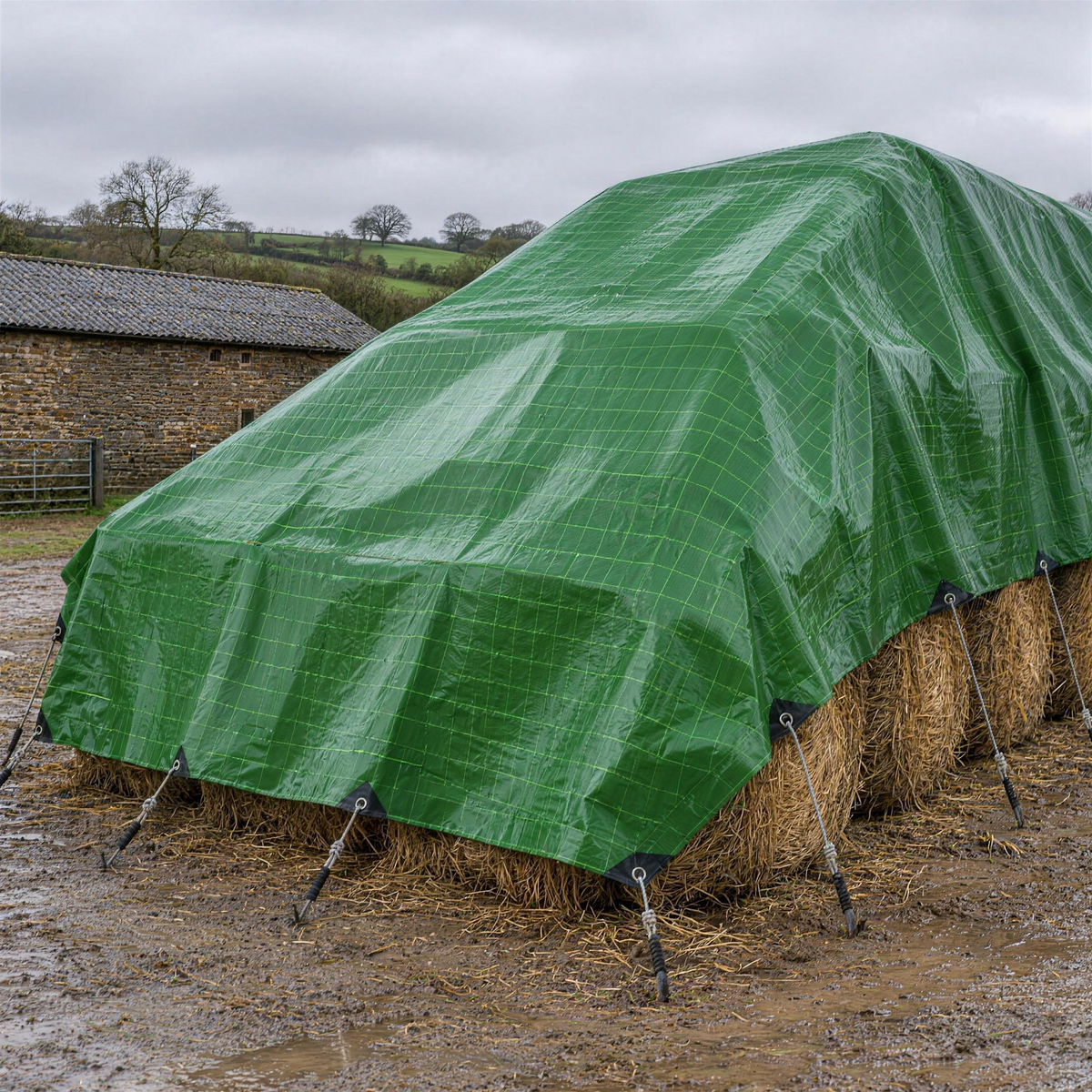Green 250gsm mono cover tarpaulin covering round hay bales in a farmyard, tied down through the eyelets