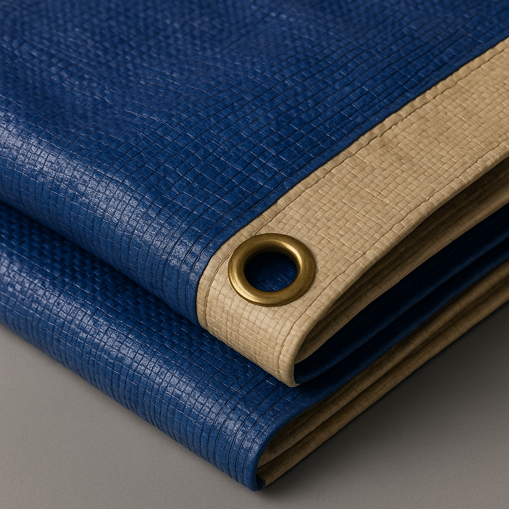 350gsm tarpaulin corner reinforcement close-up – ultra heavy duty industrial tarp – Tarpaulins UK