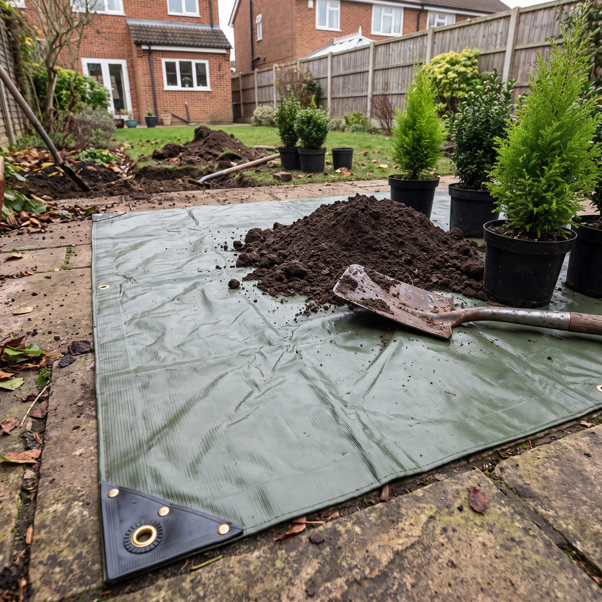 Olive green 560gsm PVC tarpaulin used as a groundsheet on a garden patio during landscaping