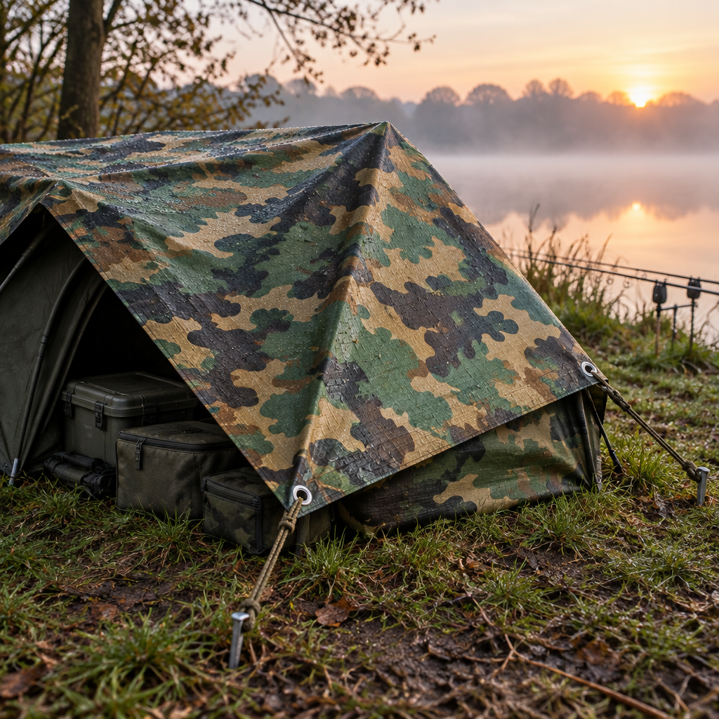 Camouflage 80gsm tarpaulin as a fishing bivvy cover on a lakeside bank at dawn, pegged through its eyelets