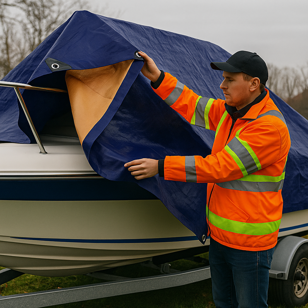 350gsm blue beige tarpaulin hem and stitch detail – industrial grade tarp – Tarpaulins UK