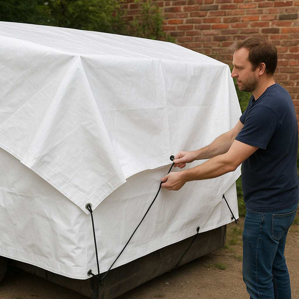 110gsm white tarp folded – UV resistant waterproof polypropylene cover – Tarpaulins UK