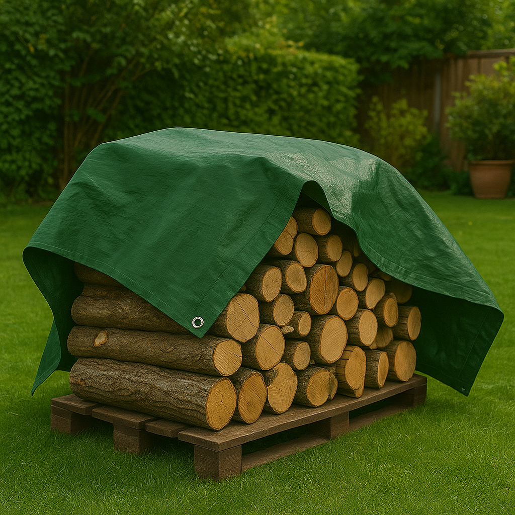 140gsm green tarpaulin draped over garden furniture – outdoor waterproof cover – Tarpaulins UK