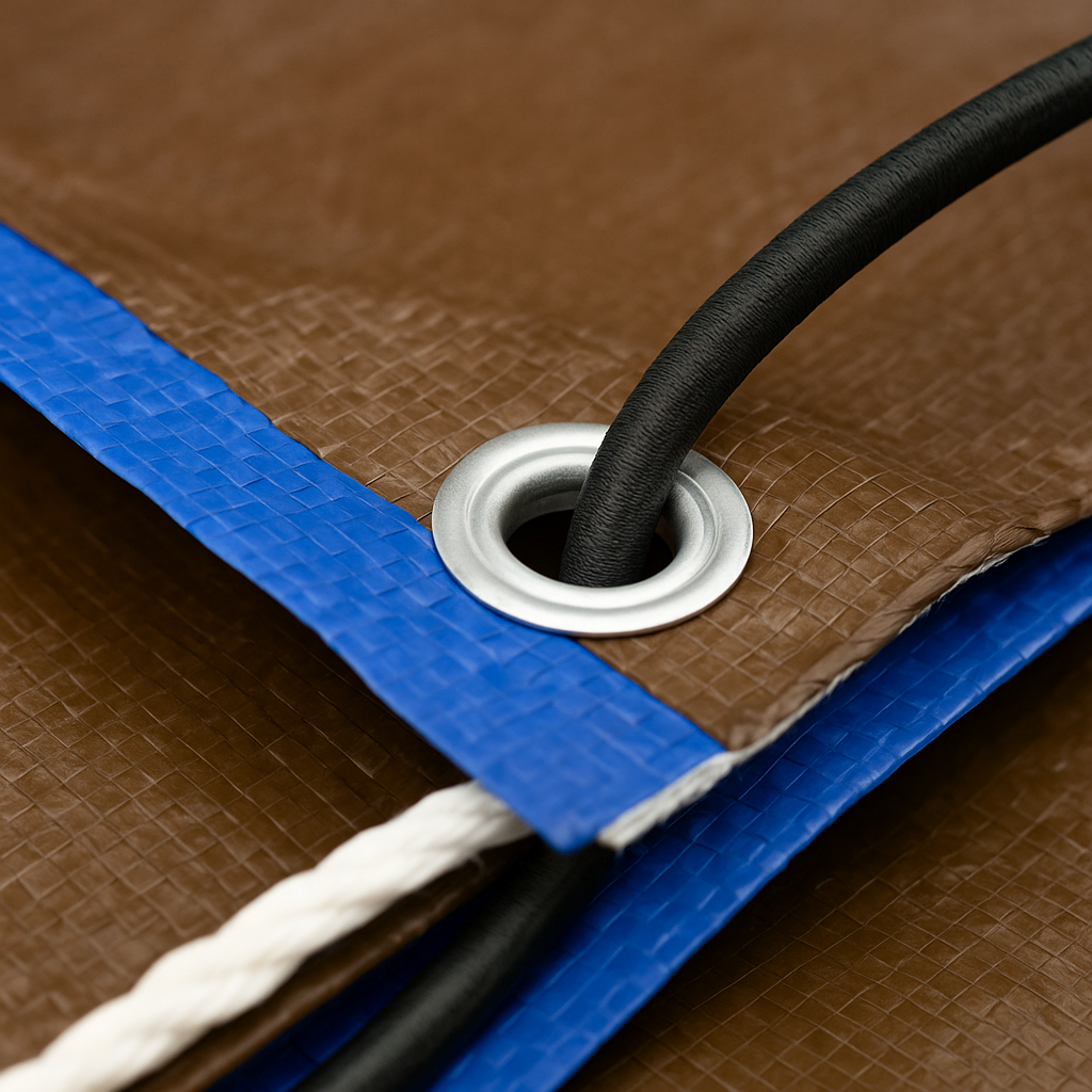 185gsm brown blue tarpaulin eyelet detail – rust-proof reinforced edge tarp – Tarpaulins UK