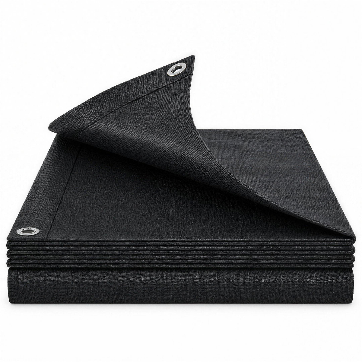 Anthracite grey tarpaulin folded, showing the woven texture, rope-reinforced hem and aluminium eyelets