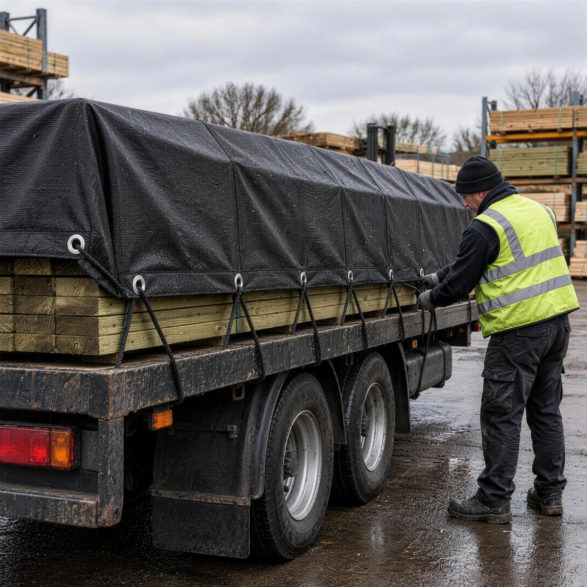 Anthracite grey tarpaulin roped over a trailer load of timber at a builders merchant yard