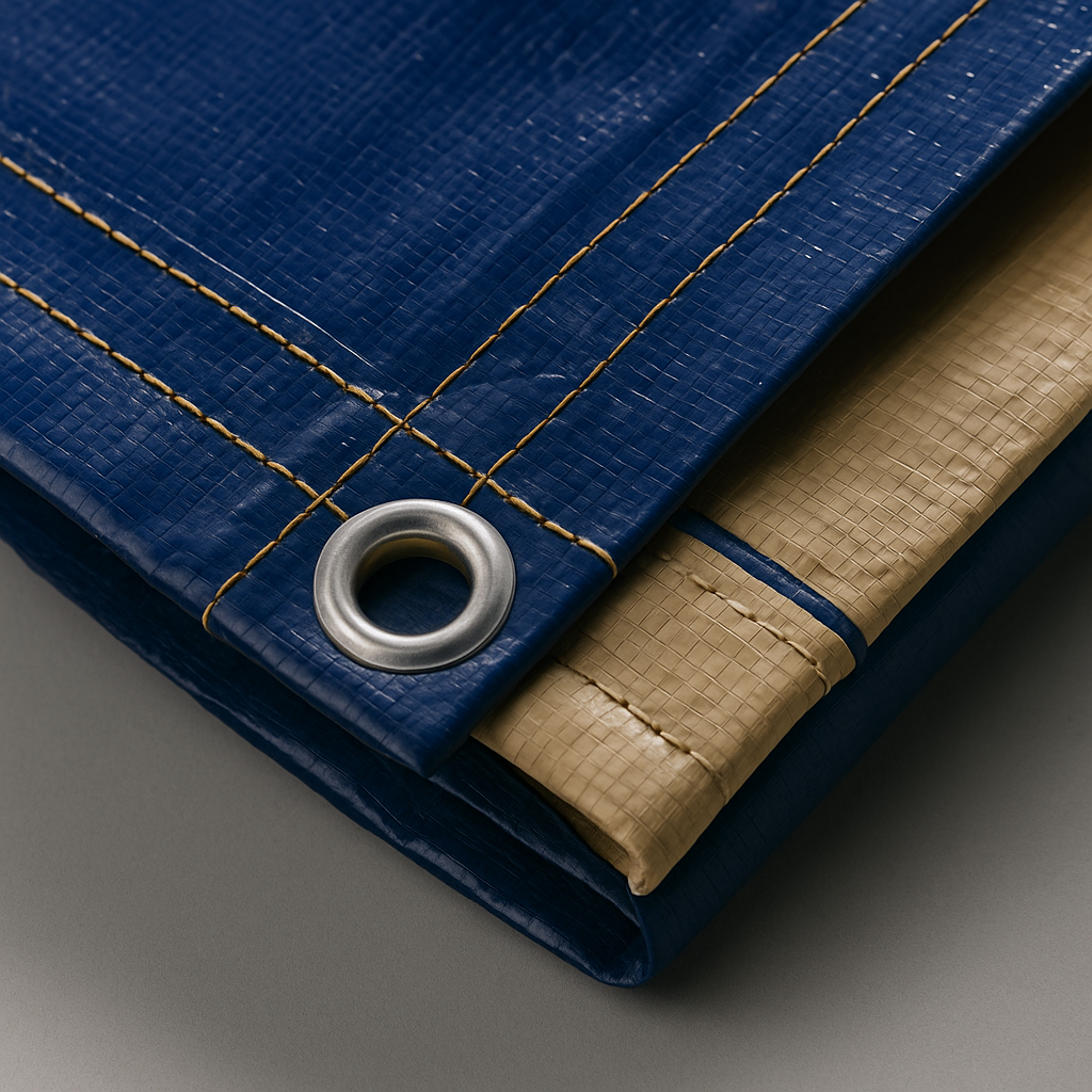 350gsm blue beige tarp folded showing double-laminated construction – Tarpaulins UK