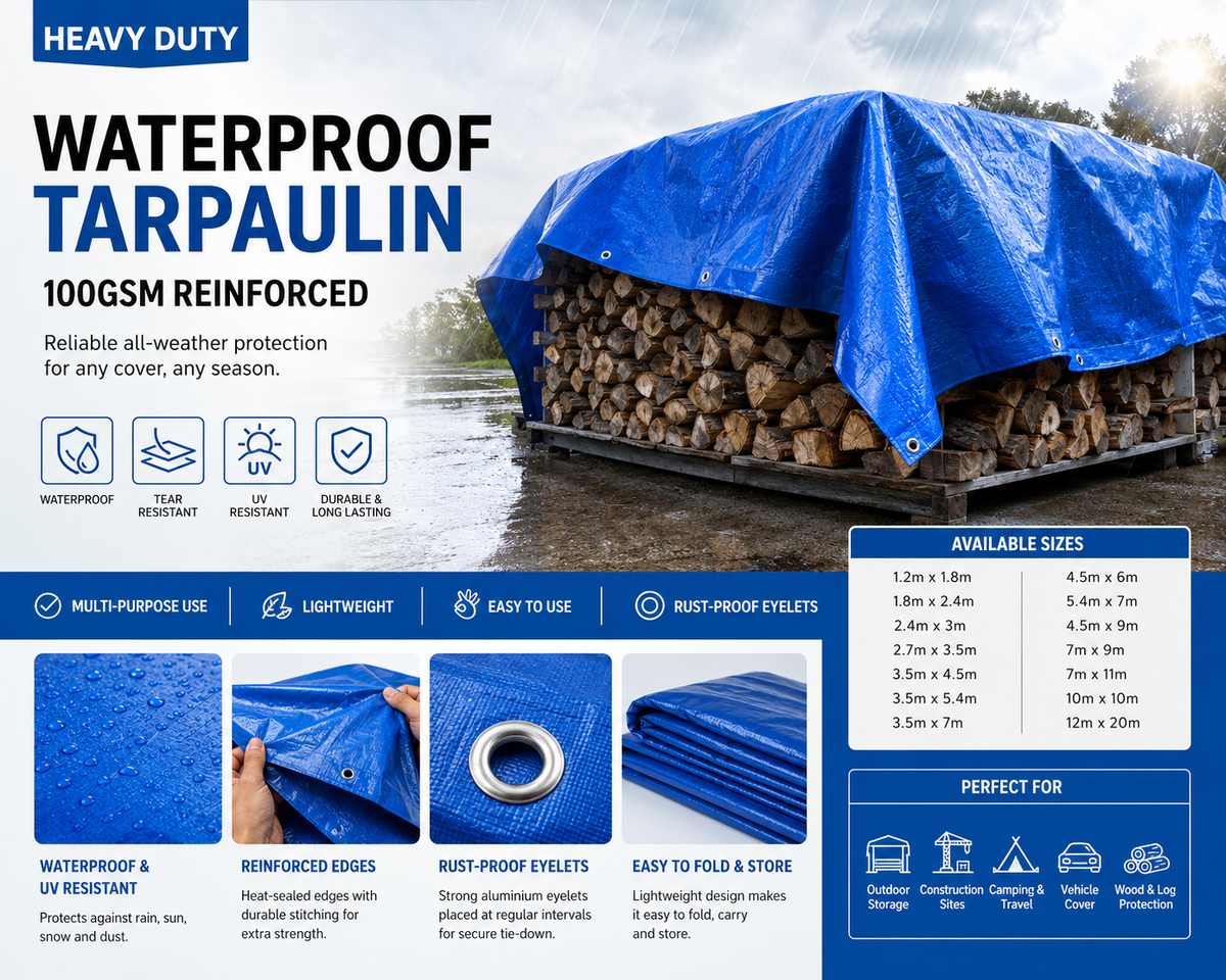 Heavy Duty Blue Waterproof Tarpaulin 100gsm – Reinforced Multi-Purpose Cover Sheet with Metal Eyelets for Outdoor Protection