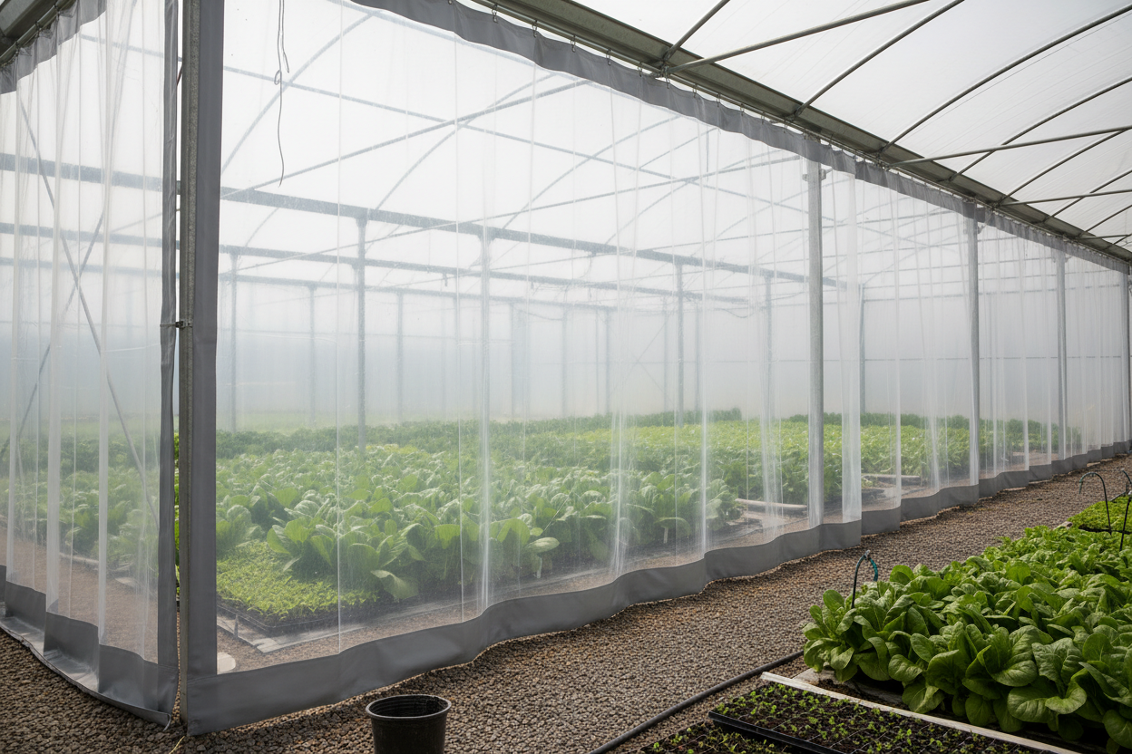 Clear PVC curtains on greenhouse with plants
