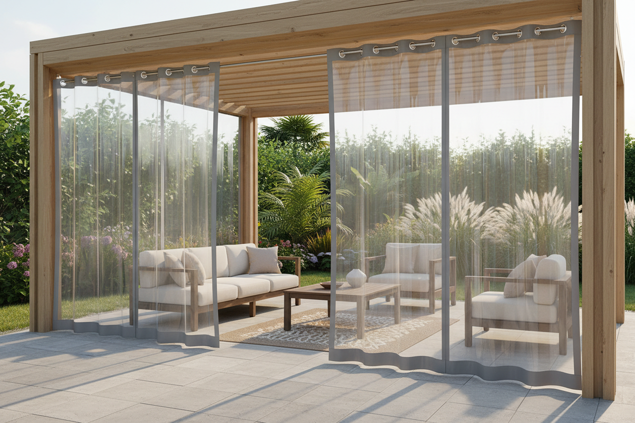 Clear PVC curtains on modern patio pergola