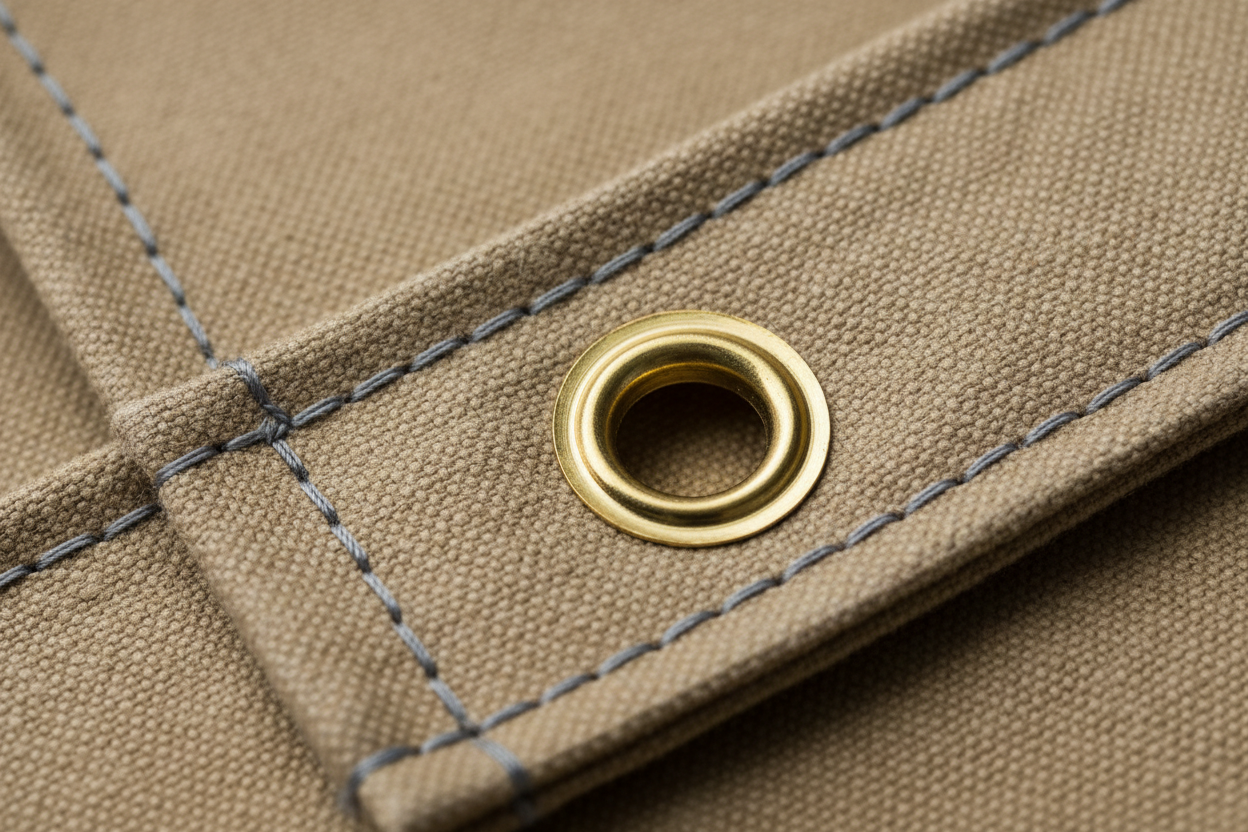 Double-stitched hem with brass eyelet close-up