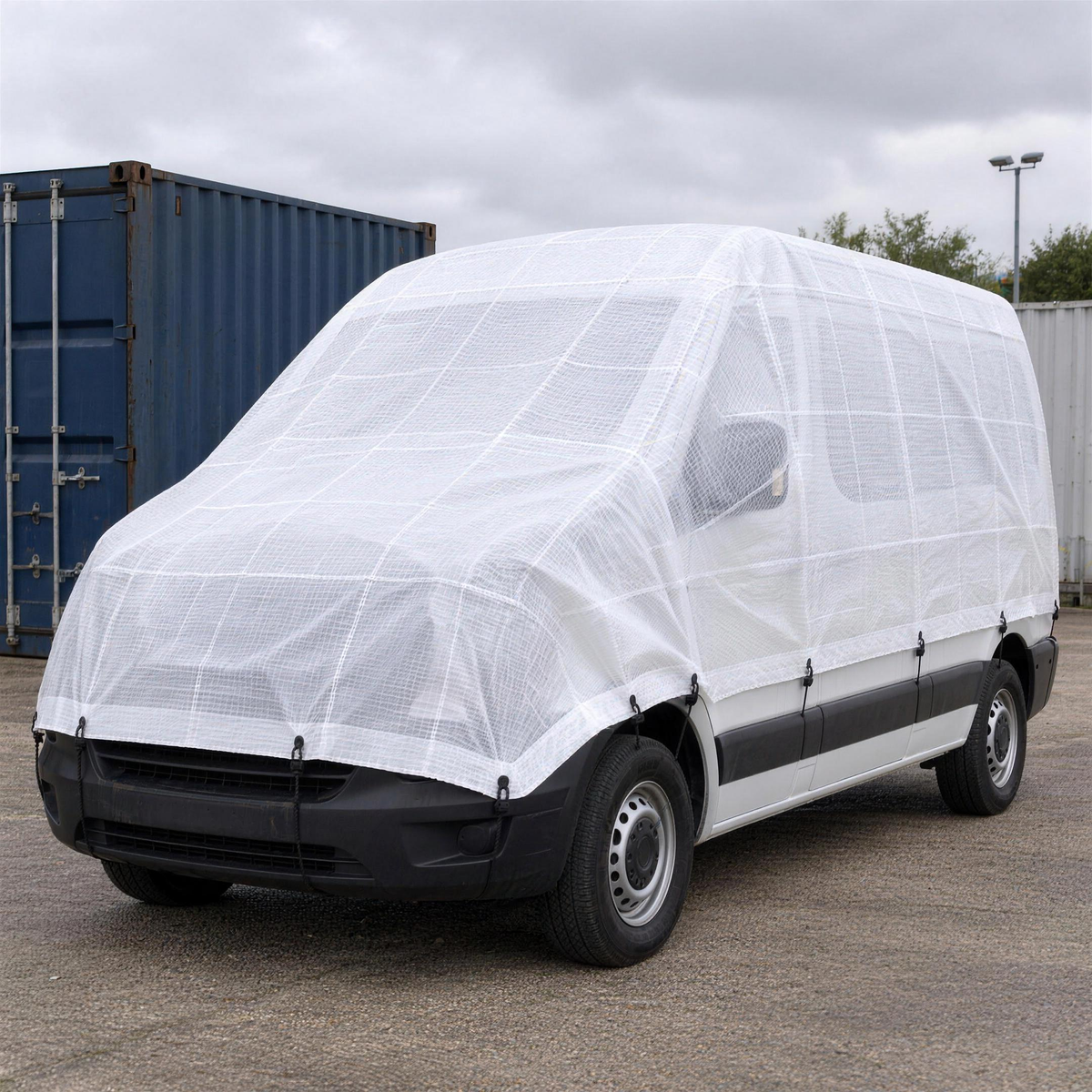 Flame retardant white reinforced tarpaulin covering a van at a depot, held with bungees on the edge band