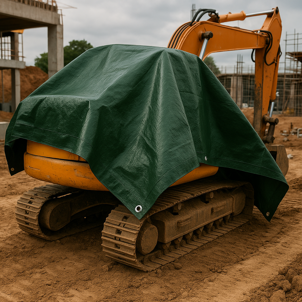 250gsm tarpaulin covering construction materials on site – heavy duty green tarp – Tarpaulins UK