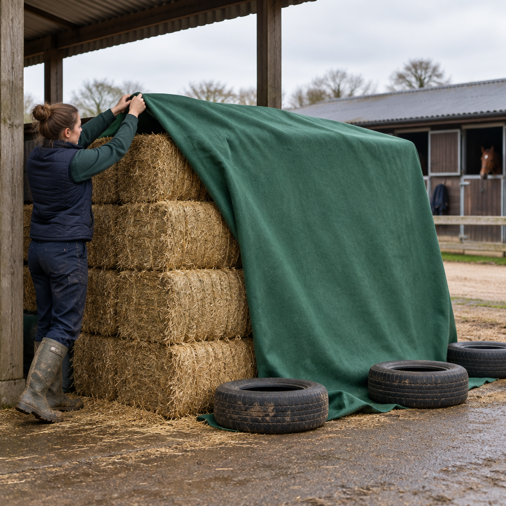 Groom pulling a green haystack cover over small hay bales at an equestrian yard