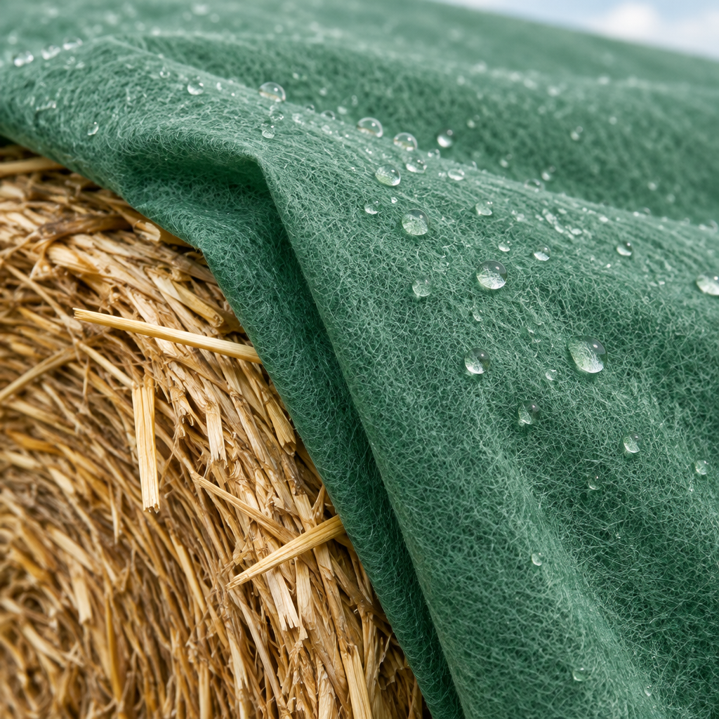 Close-up of the green non-woven polypropylene fleece on a straw bale with water beading