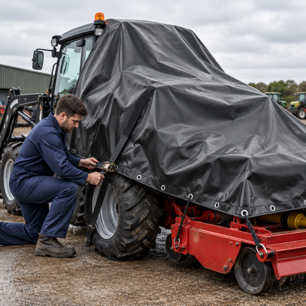 Mechanic securing a heavy-duty black 650gsm PVC-coated canvas tarpaulin over a compact tractor at a machinery yard