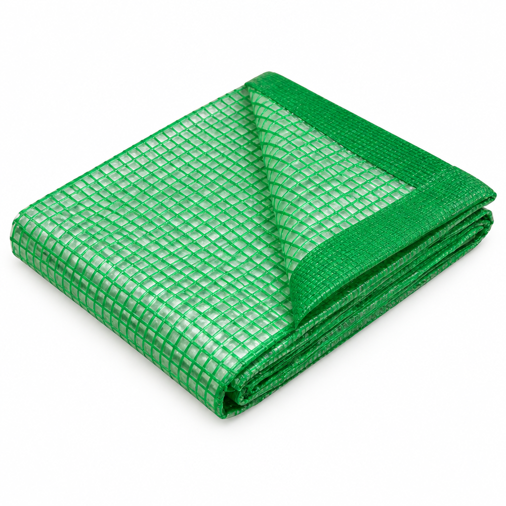Green 260gsm leno tarpaulin folded, showing the reinforcing mesh and woven fixing belt