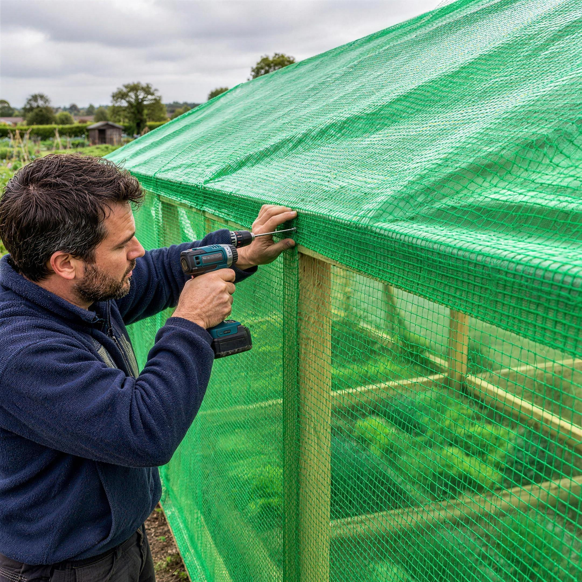 Grower screwing a green 260gsm leno reinforced sheet to a timber crop shelter through its woven fixing belt