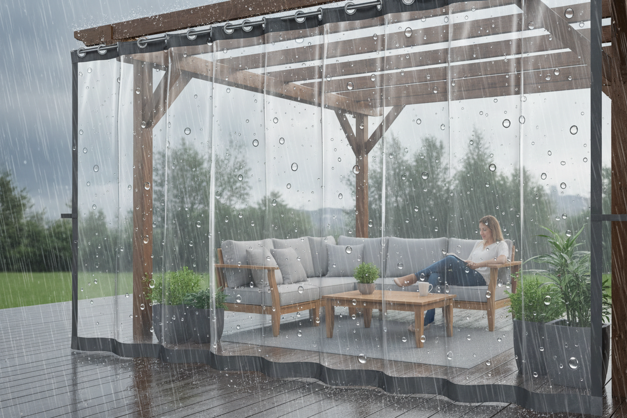 Rain beading on PVC curtain during rainfall