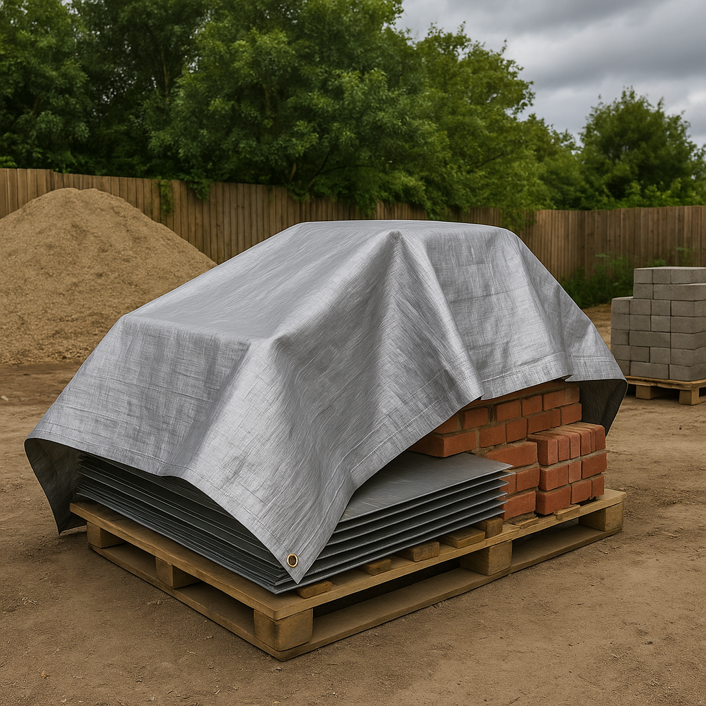 140gsm silver tarp draped over machinery – UV resistant waterproof cover UK – Tarpaulins UK