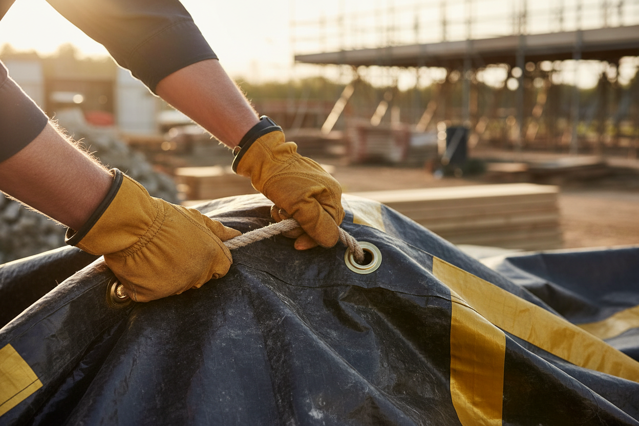 Tradesperson securing tarpaulin