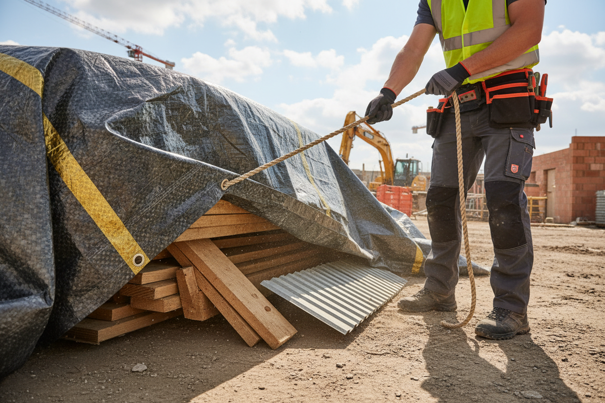 Tradesperson securing tarpaulin
