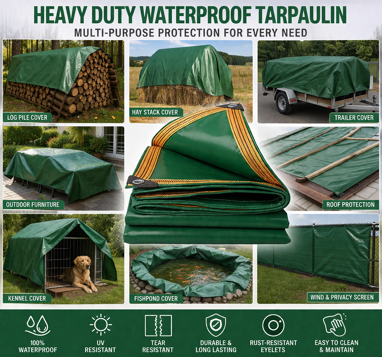 420gsm Heavy Duty PVC Tarpaulin – 100% Waterproof | Reinforced Eyelets | 16 Sizes