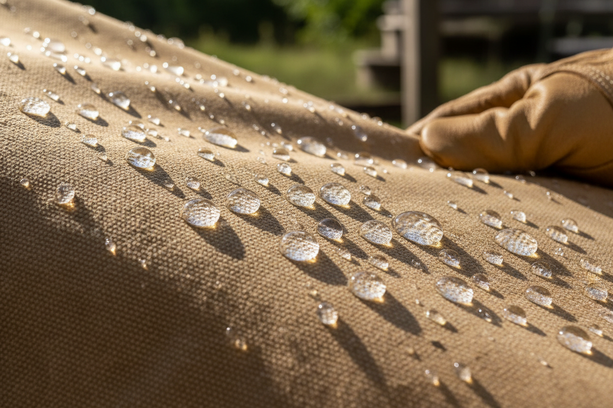 Water droplets beading on wax-treated canvas surface