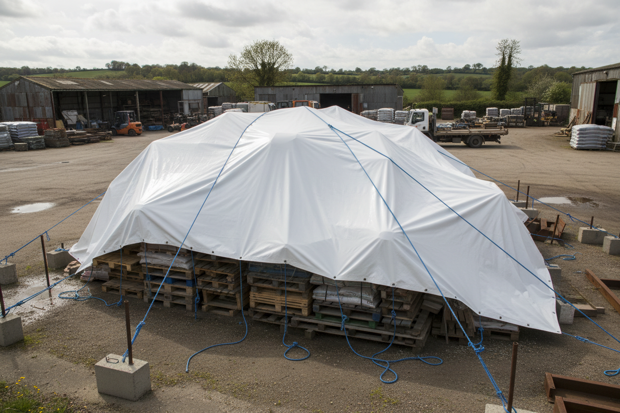 White Tarpaulin Protecting Materials in Storage Yard