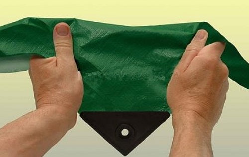 140gsm green silver tarpaulin eyelet detail – rust-proof brass eyelet every 1m – Tarpaulins UK