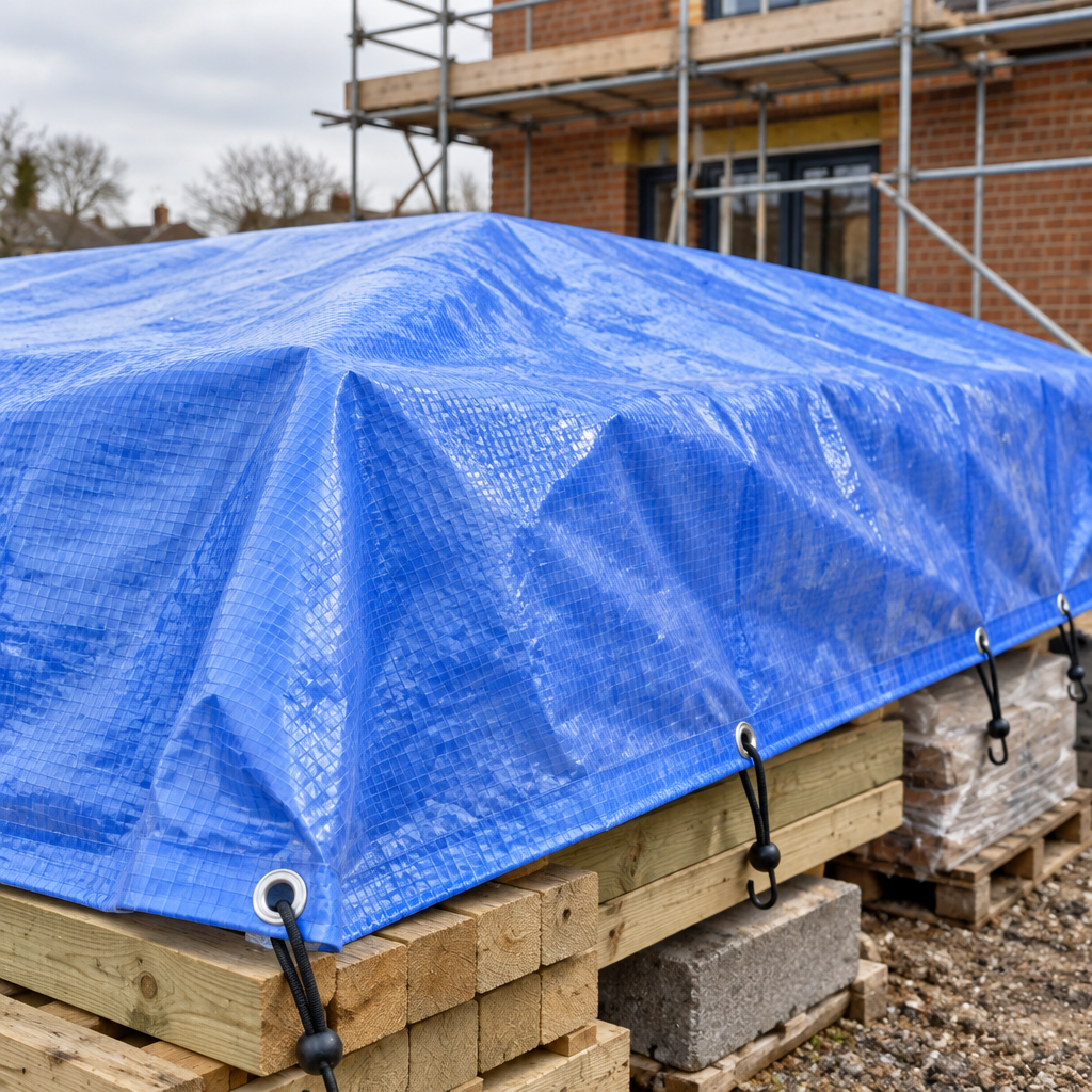 Blue 110gsm tarpaulin covering timber and blocks on a house building site, fixed with ball bungees through the eyelets
