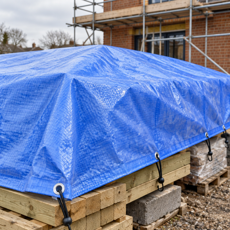 Blue 110gsm tarpaulin covering timber and blocks on a house building site, fixed with ball bungees through the eyelets