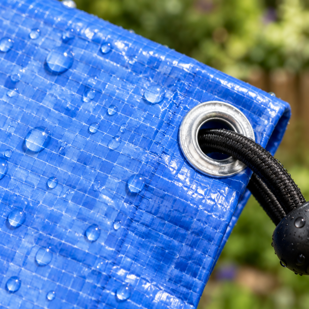 Close-up of the blue 110gsm tarpaulin weave with water beading, an aluminium eyelet and a bungee cord