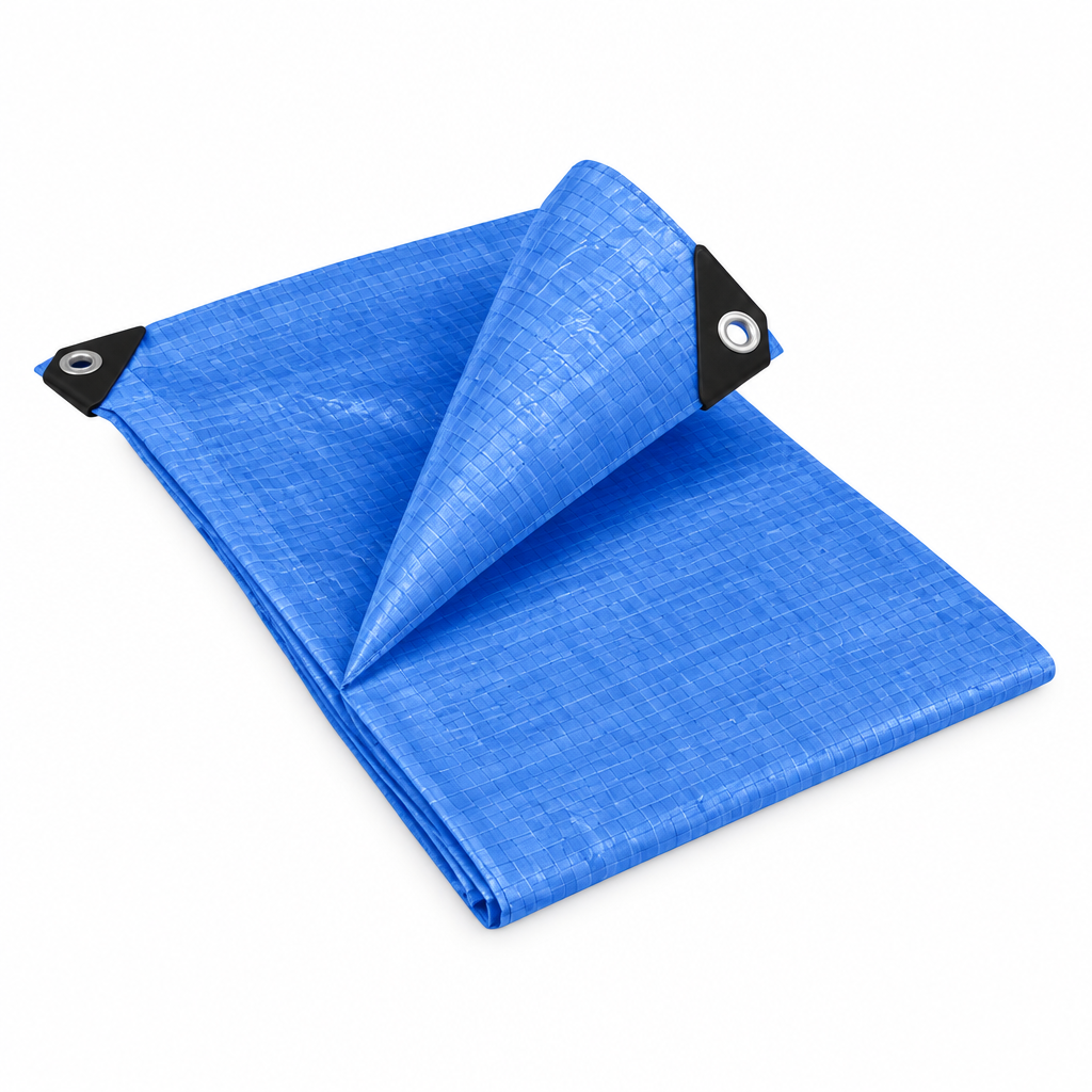 Blue 110gsm standard tarpaulin folded, showing the 10 x 10 weave, aluminium eyelets and corner patches