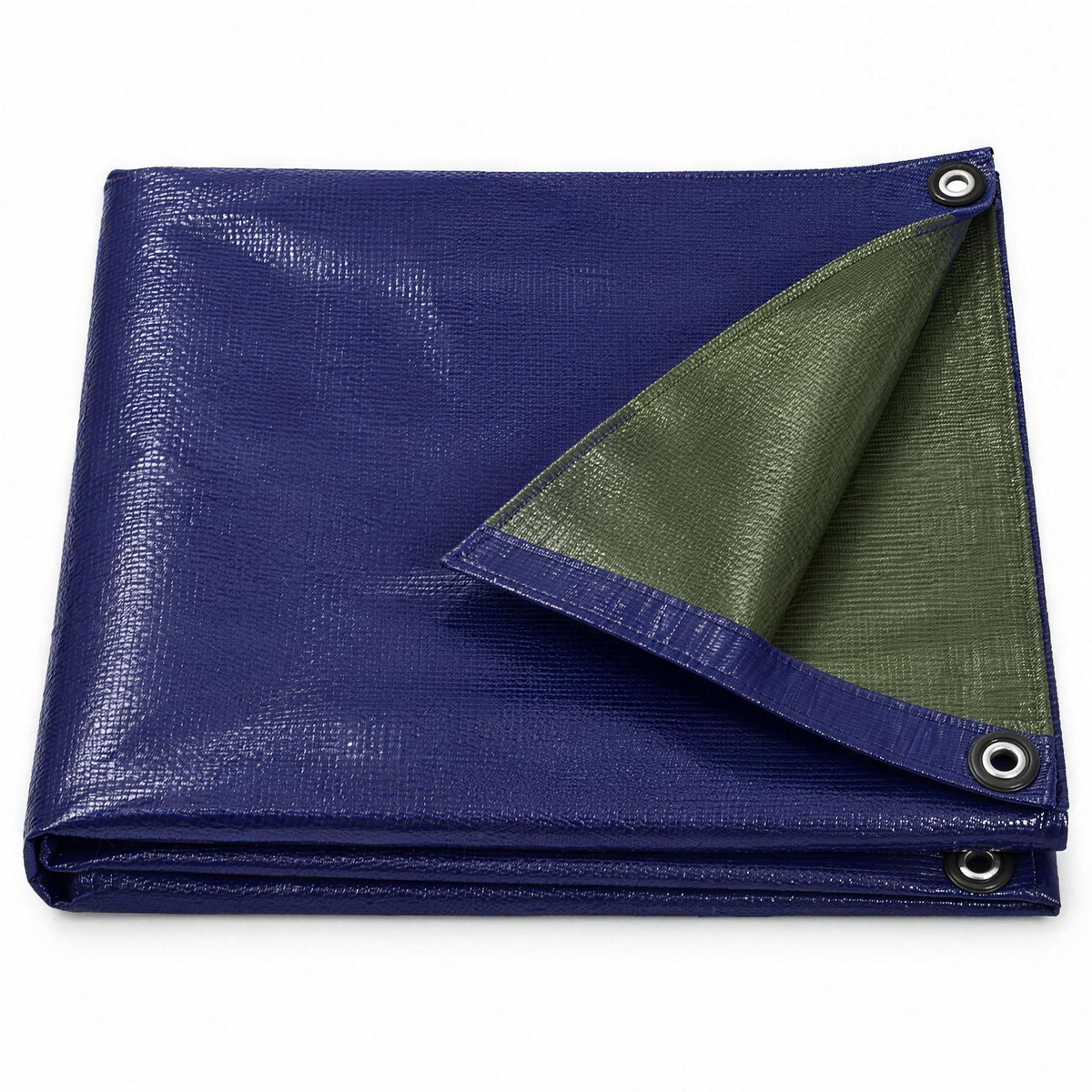 Reversible 110gsm tarpaulin folded, dark blue face with a corner turned back to show the olive green reverse and eyelets