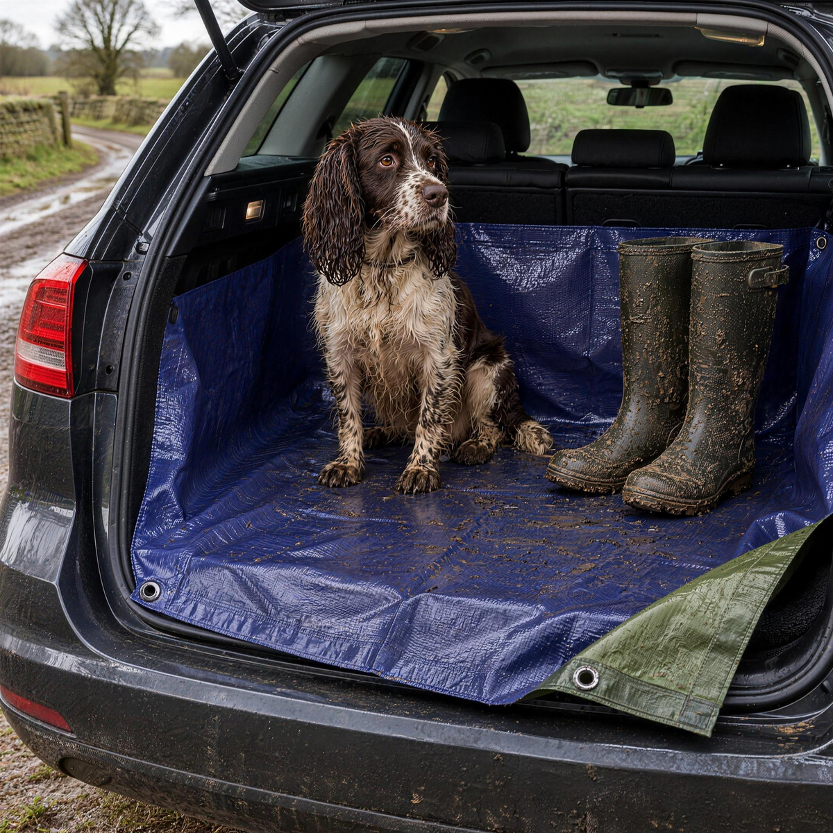 Dark blue 110gsm tarpaulin as a car boot liner with a muddy spaniel and wellington boots on it