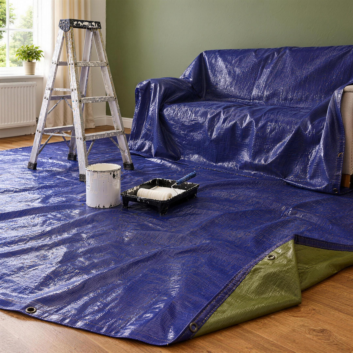 Dark blue 110gsm tarpaulin used as a dust sheet over a floor and sofa while a room is painted
